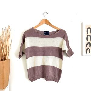 Grey and Off White Striped Short Sleeve Sweater
